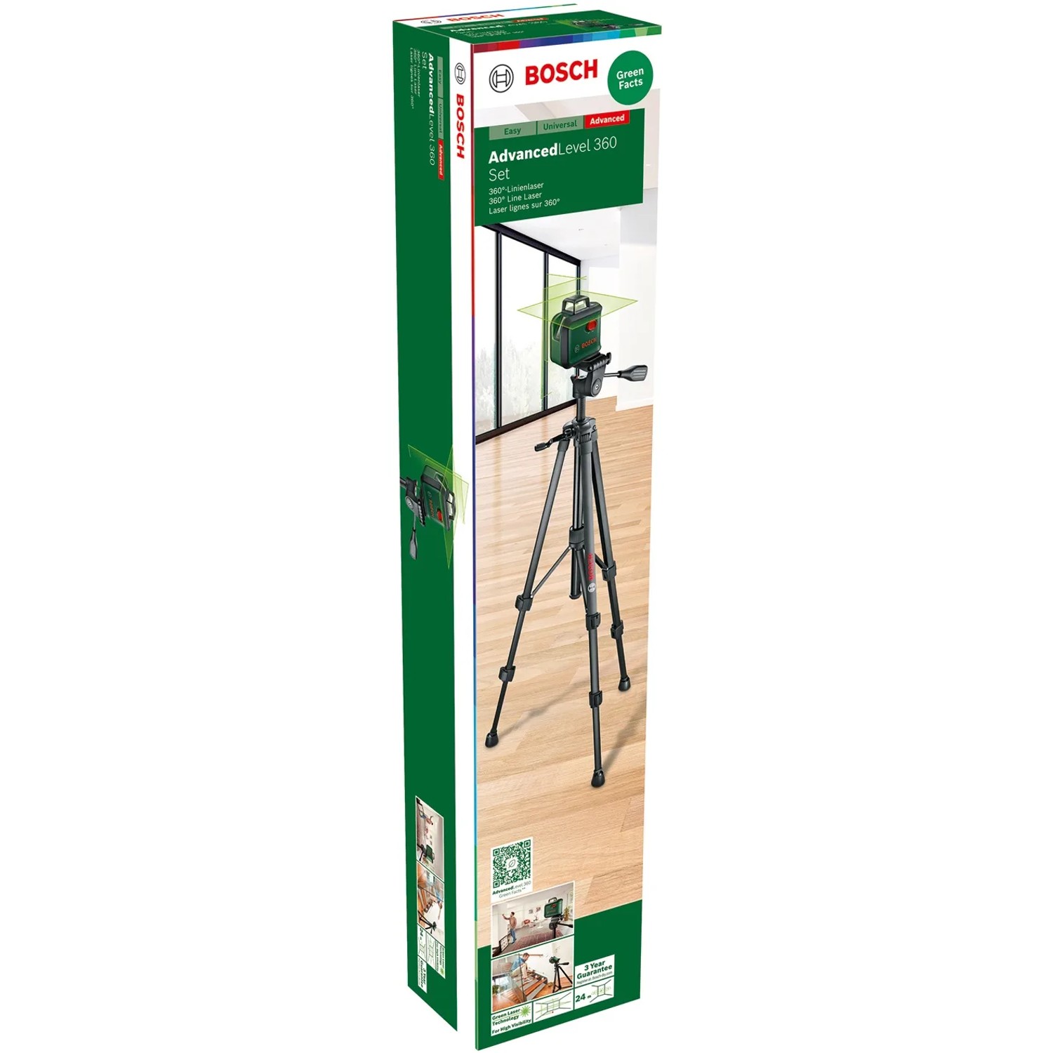 Verpackung des Bosch AdvancedLevel 360 Kreuzlinienlaser-Sets mit Stativ. Messwerkzeug für präzises Ausrichten.
