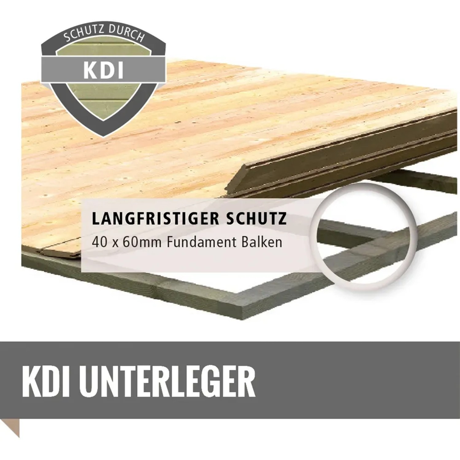 Detailaufnahme KDI Unterleger für Karibu Gartenhaus Fundament, 40x60mm Balken für langfristigen Schutz.