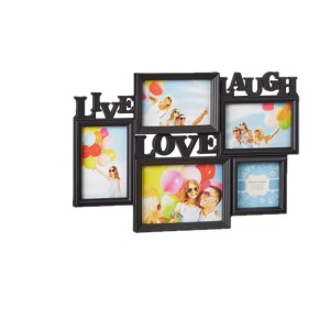 Schwarzer Kunststoff Bilderrahmen für 5 Fotos mit 3D-Optik und Schriftzug Live Love Laugh als Wanddeko.