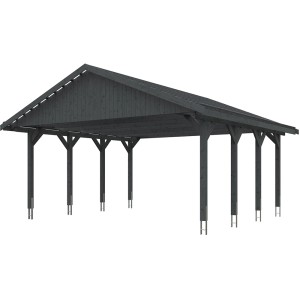 Satteldach-Carport Wallgau, schiefergrau, 620x600 cm, mit Dachlattung. Doppelcarport aus Holz.
