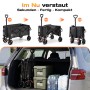 Schwarzer faltbarer Bollerwagen, der sich kompakt zusammenklappen lässt und im Kofferraum verstaut ist. Ideal für Camping.
