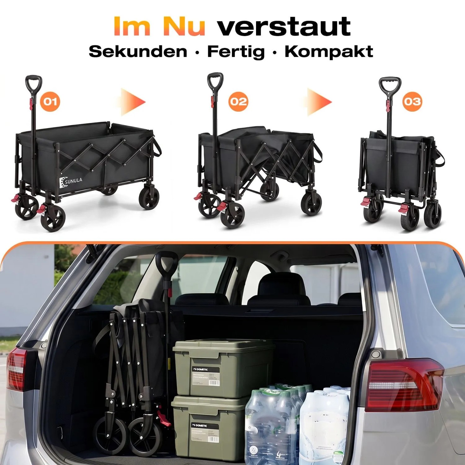 Schwarzer faltbarer Bollerwagen, der sich kompakt zusammenklappen lässt und im Kofferraum verstaut ist. Ideal für Camping.