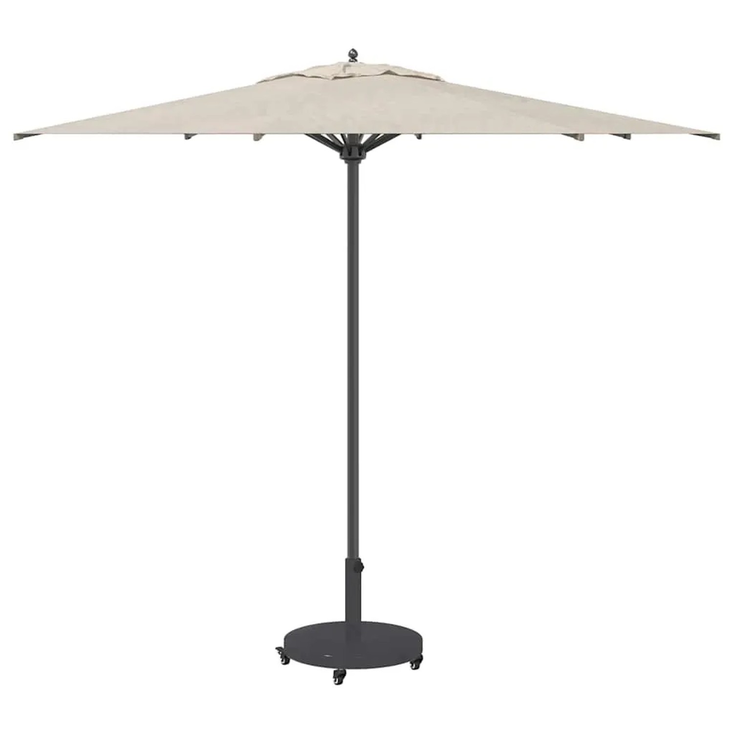 Dunkelgrauer vidaXL Sonnenschirmständer mit Rollen, hält beigen Sonnenschirm. Stabil für Garten & Terrasse.