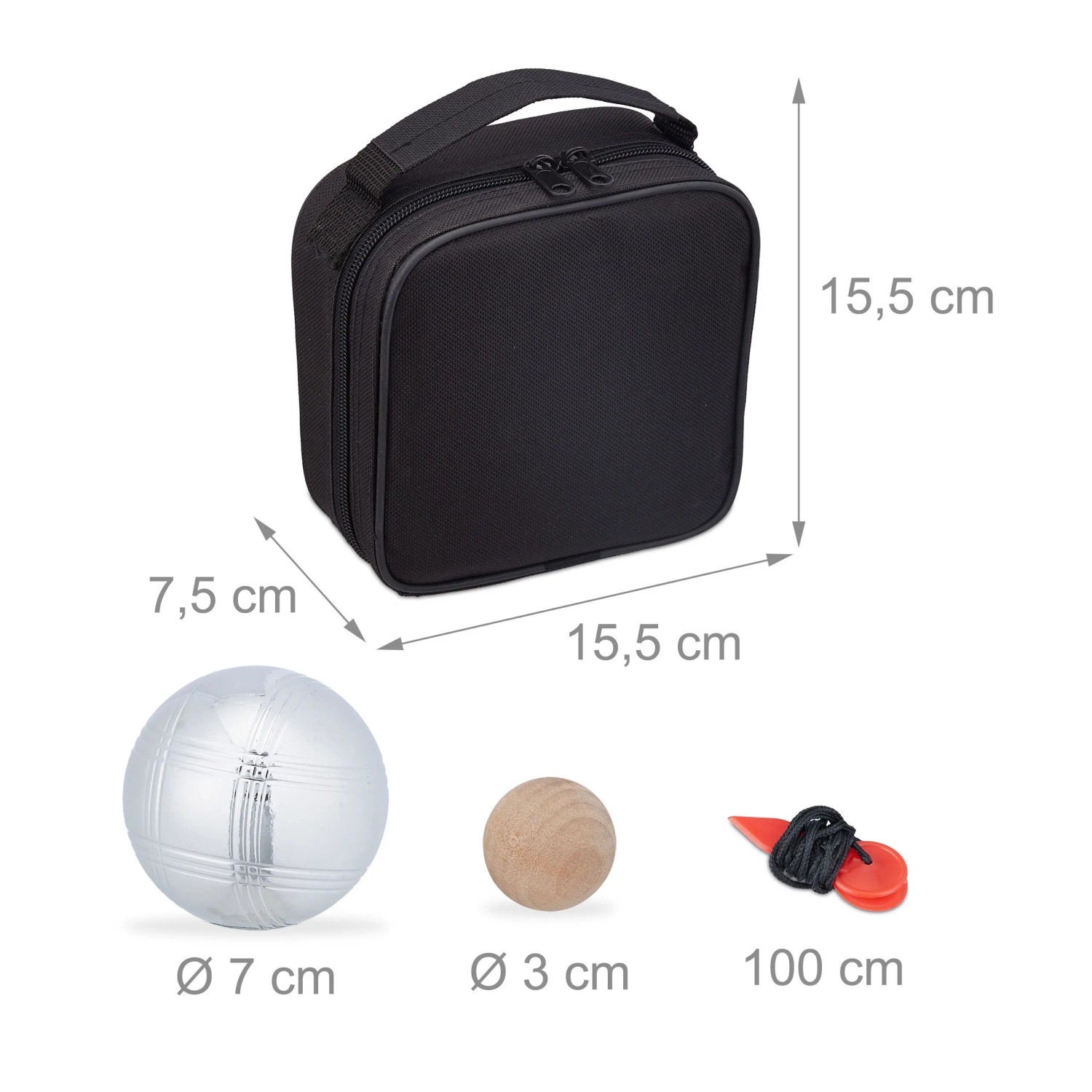 Relaxdays Boule Set mit Stahlkugeln, Holzkugel, Abstandsmesser und Tragetasche.
