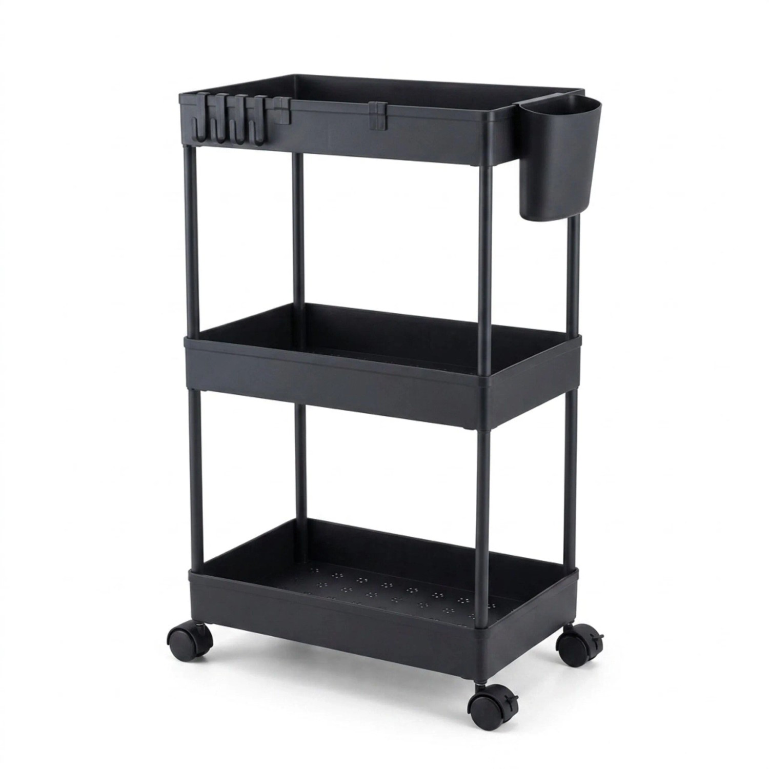 Relaxdays Rollwagen Kunststoff Schwarz mit Rollen 3 Ebenen 62,5 cm x 40 cm x 22 cm