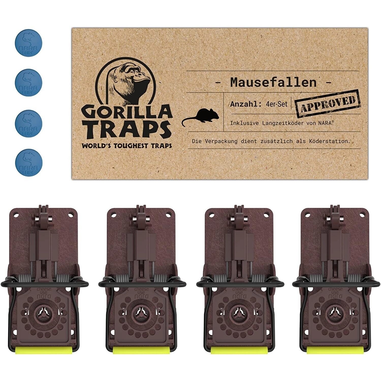 Futura-Shop Mausefalle inkl Monitoring-Köder Gorilla Traps 4er Set Mäuse fangen Mäuse im Haus