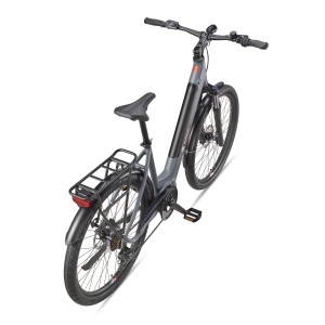 Graues Telefunken SUV E-Bike 27,5 Zoll mit Gepäckträger und Mittelmotor.