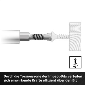 Detailaufnahme eines Einhell Impact Bits mit Torsionszone beim Eindrehen einer Schraube in Holz.