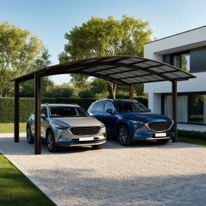 Ximax Carport Portoforte-80 M, Mattbraun, Doppelcarport mit transparentem Dach und zwei geparkten Autos.