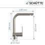 Schütte Niederdruck Küchenarmatur London mit Auszug, Edelstahloptik, Maße eingezeichnet.