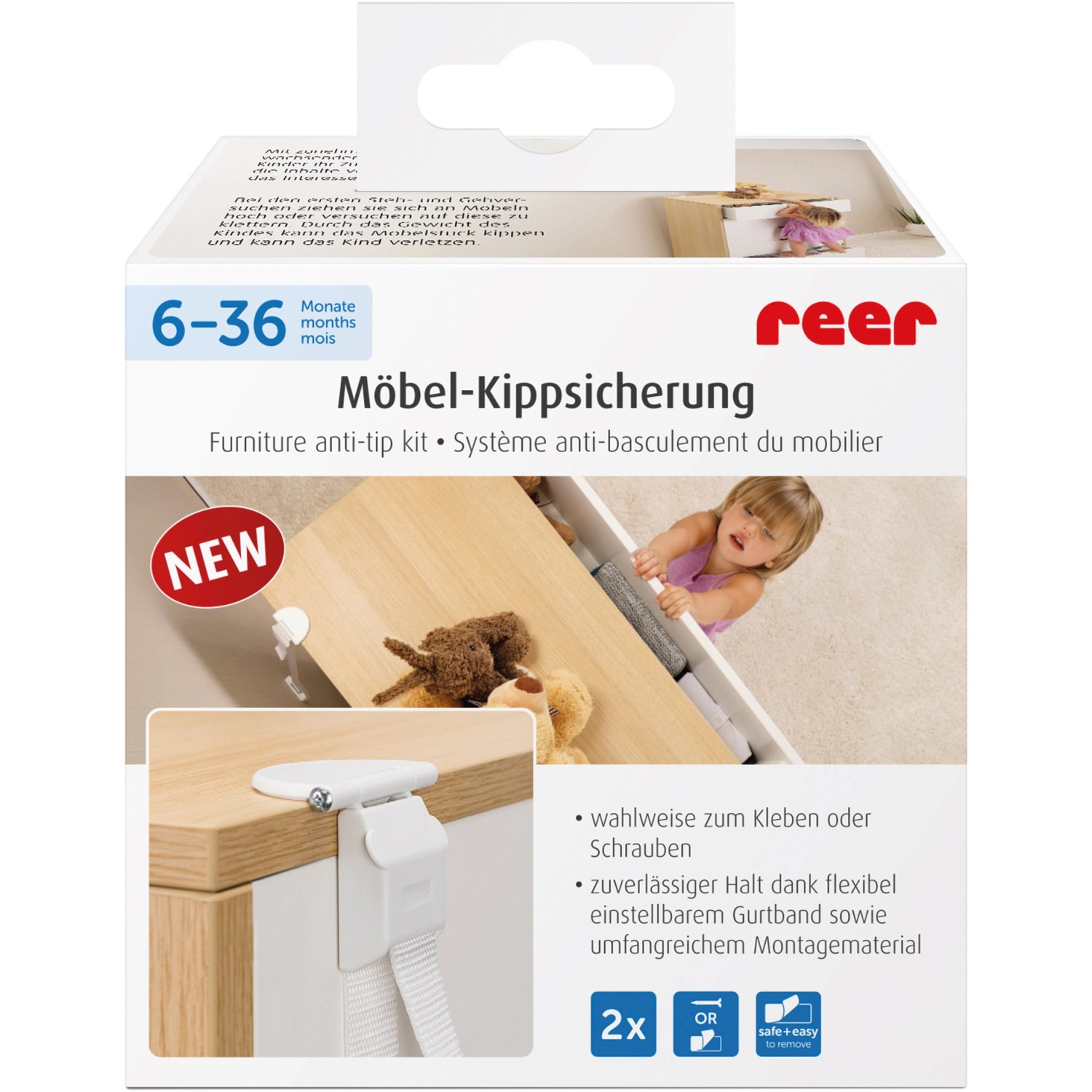 Reer Möbel-Kipp-Sicherung, 2er-Pack. Kindersicherung zum Kleben oder Schrauben für mehr Sicherheit.