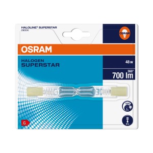 Osram Halogenbrennstab R7s 48W, Warmweiß, in Verpackung. Halogenlampe für Innen- und Außenbereich.