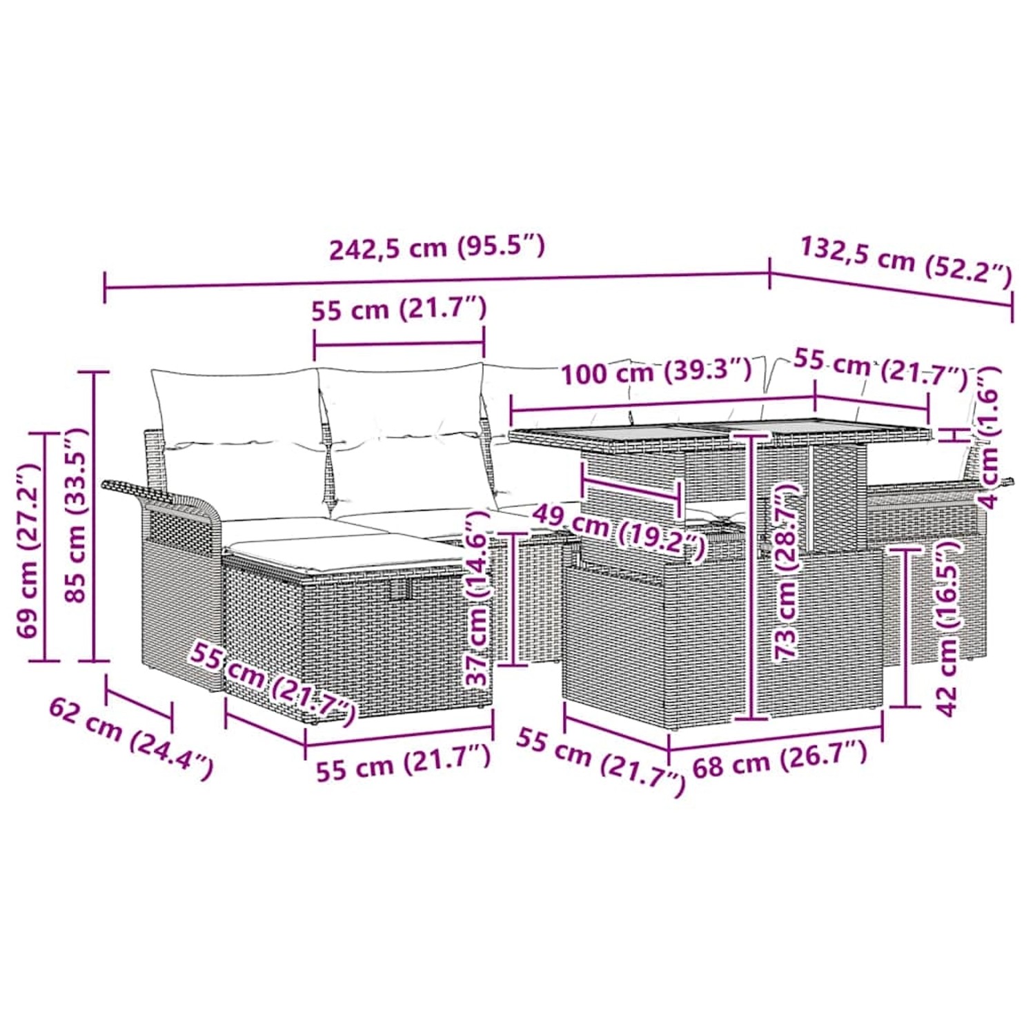 Beiges 7-teiliges Garten-Sofa-Set aus Poly Rattan mit Kissen und Stauraum. Ideal für Terrasse und Garten.