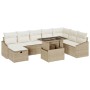 Beiges 9-teiliges vidaXL Garten-Sofa-Set aus Poly Rattan mit Kissen und Tisch mit Stauraum.