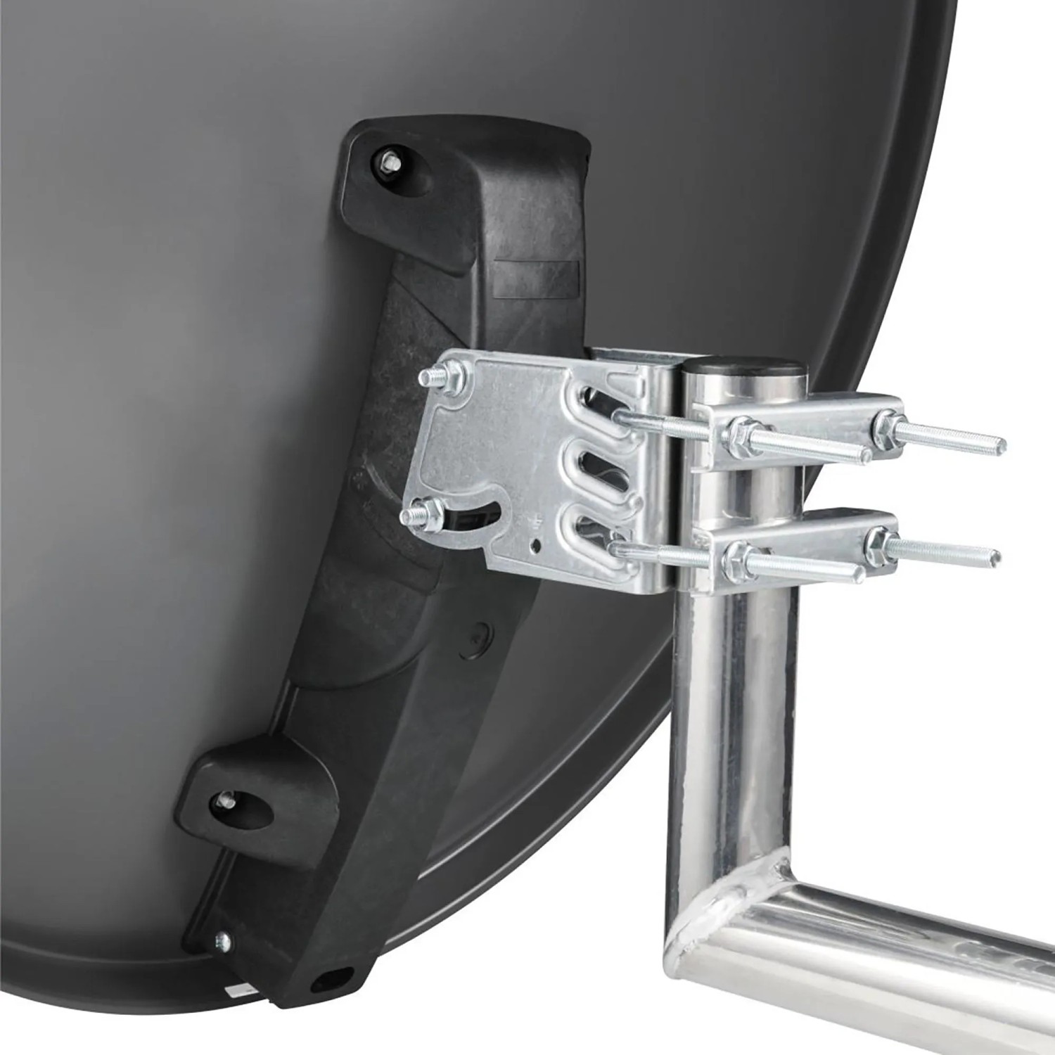 Hama SAT-Antenne 80 cm Anthrazit, Detail der robusten Montagehalterung am silbernen Mast.