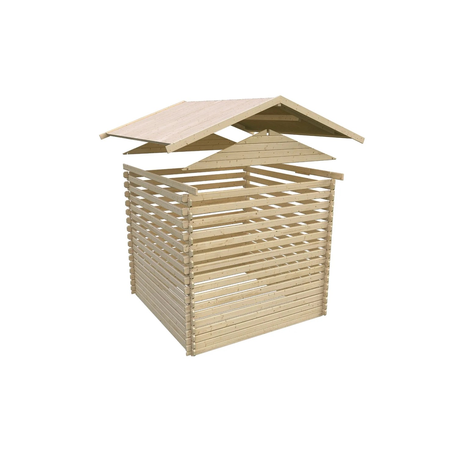 Karibu Gartenhaus Finnmark aus Holz, naturbelassen, ohne Boden. Bausatz mit Blockbohlen und Satteldach.