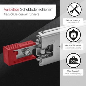SOTECH Schwerlastauszug VarioSlide KV2-100-H53-L950-EH 950 mm Lock In Out Einrastfunktion mit Rotem Hebel Schubladenschiene Belastbar bis 100 Kg