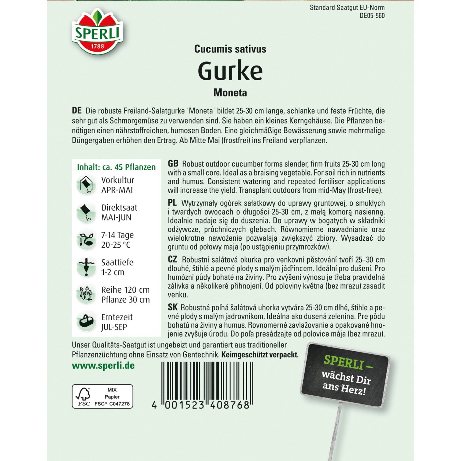Sperli Salatgurke Moneta Samen für Freilandgurken, schlank und dunkelgrün.