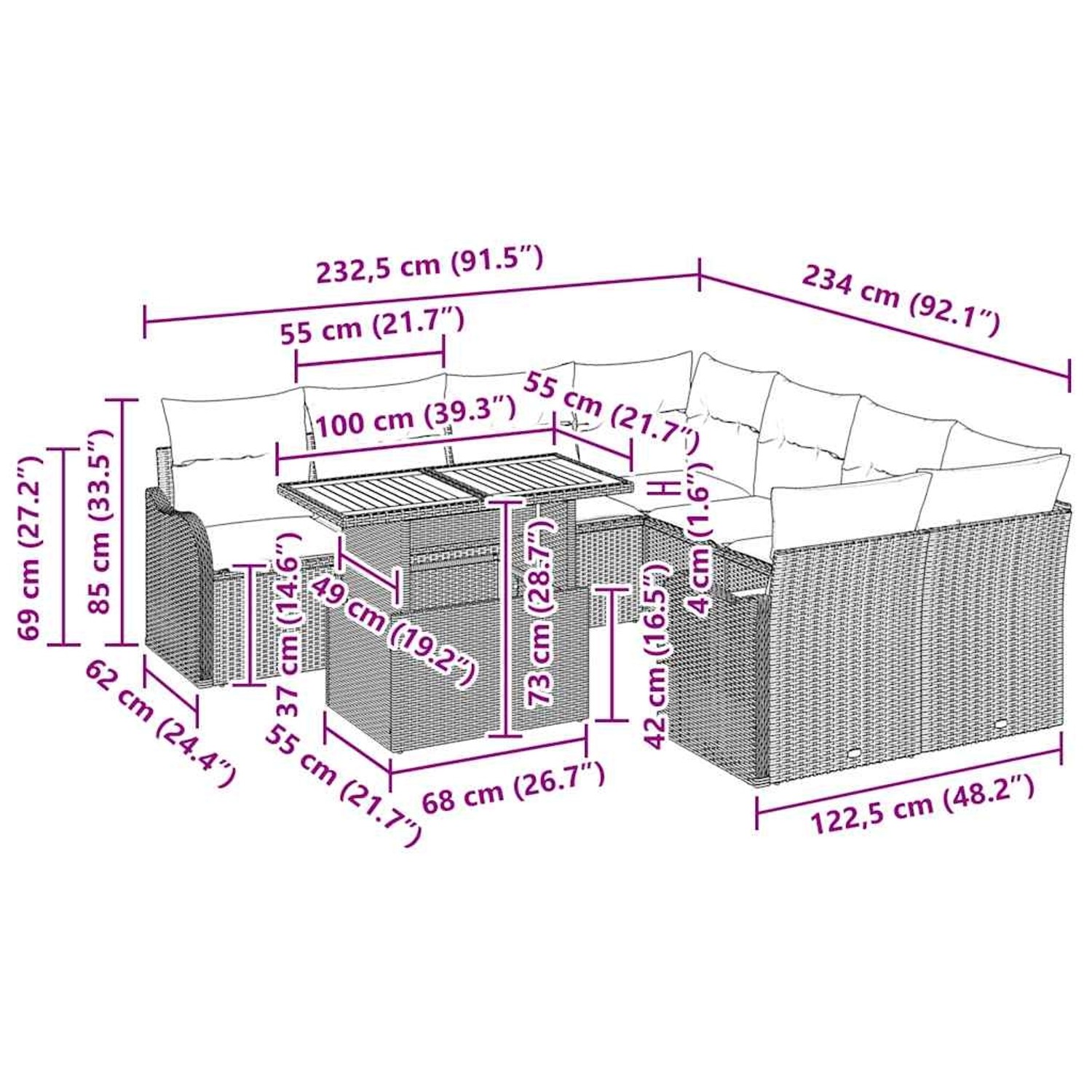 vidaXL Gartenmöbel-Set, 9-teilig, schwarz, Poly Rattan, mit Maßen. Ideal für Terrasse und Garten.