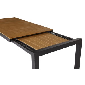 Ausziehbarer ebuy24 Gartentisch Joan, 205-275 cm, schwarz mit Teakholzdekor, Auszug mit Platte.