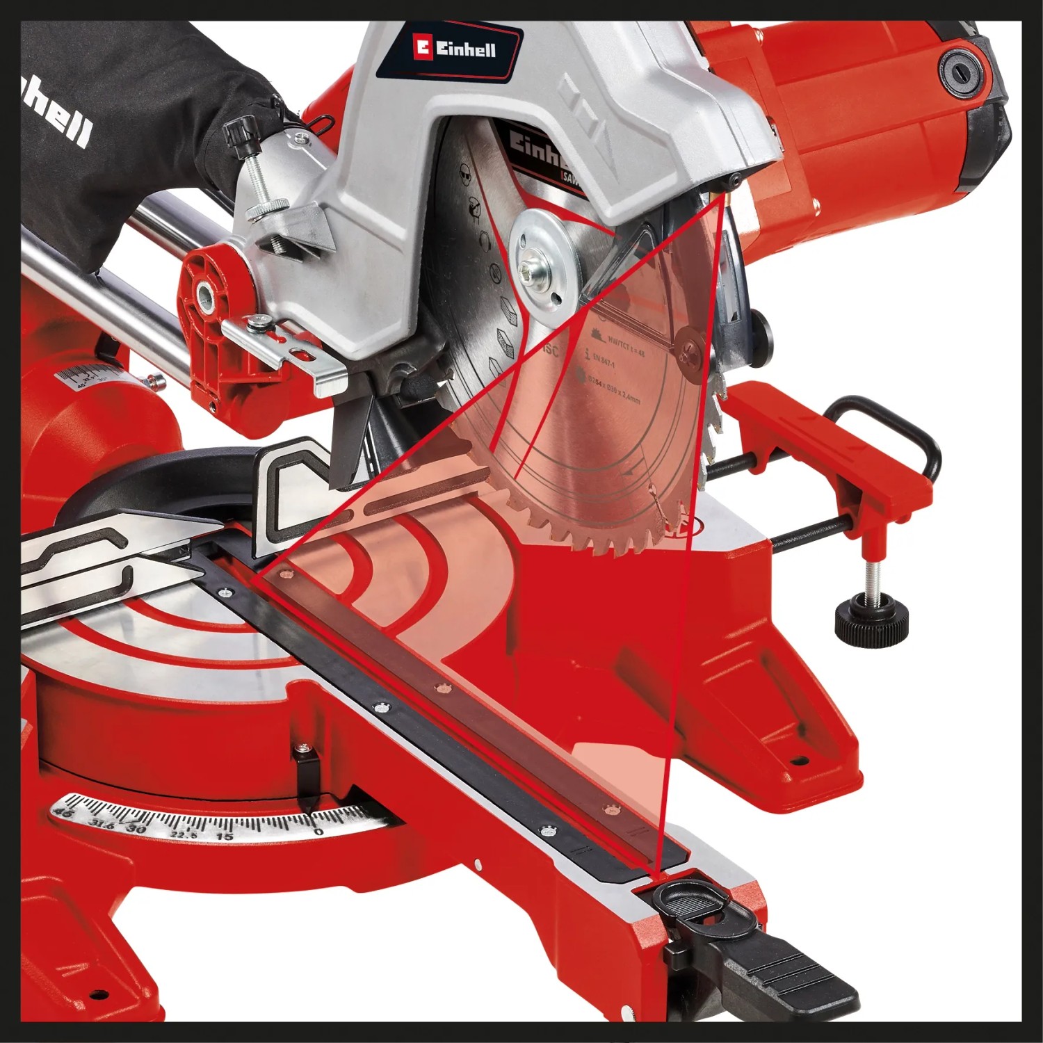 Einhell Zug-Kapp-Gehrungssäge TC-SM 254, rot/silber. Ideal für präzise Schnitte in Holz.