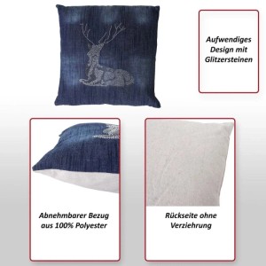 Quadratisches, dunkelblaues Deko-Kissen mit glitzerndem Hirsch-Motiv. Abnehmbarer Polyester-Bezug für Weihnachtsdekoration.