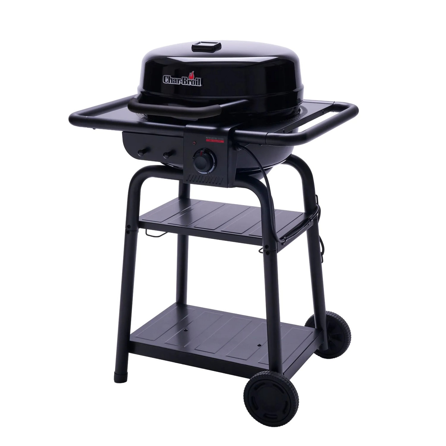 Schwarzer Char-Broil Elektrogrill Patio Bistro E2Coal mit Ablagen und Rädern.