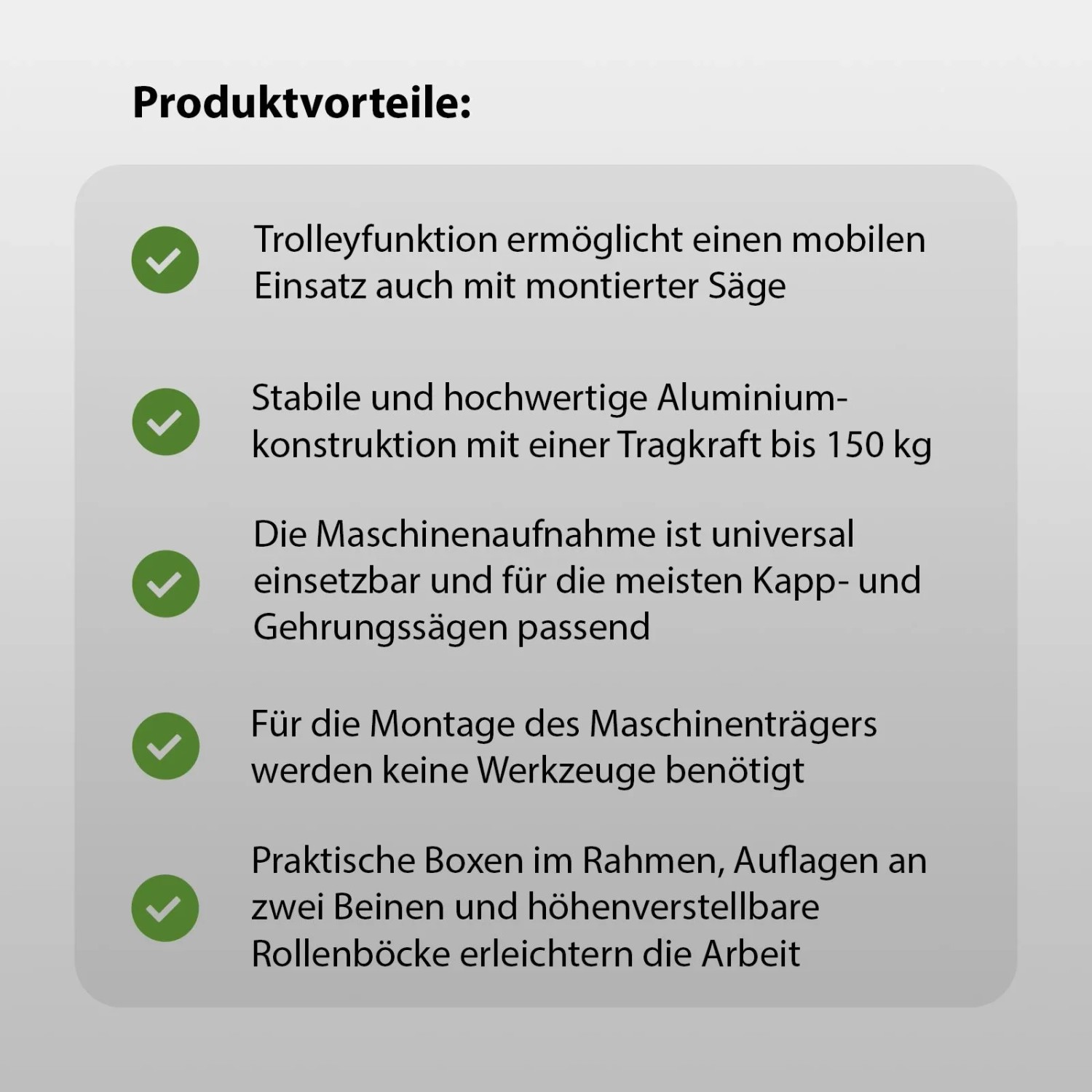 Produktvorteile des TRUTZHOLM Untergestells für Kappsägen: Mobilität, Stabilität, Universalität, werkzeuglose Montage, praktische Details.