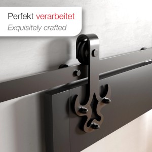 SOTECH Laufschiene aus schwarzem Stahl für Schiebetüren, 2-teilig, an Wand montiert mit dekorativem Rollenhalter.
