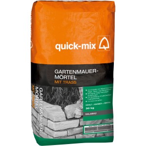 Sack Gartenmauermörtel mit Trass, 30 kg, von Quick-Mix. Trockenmörtel für Gartenmauern.