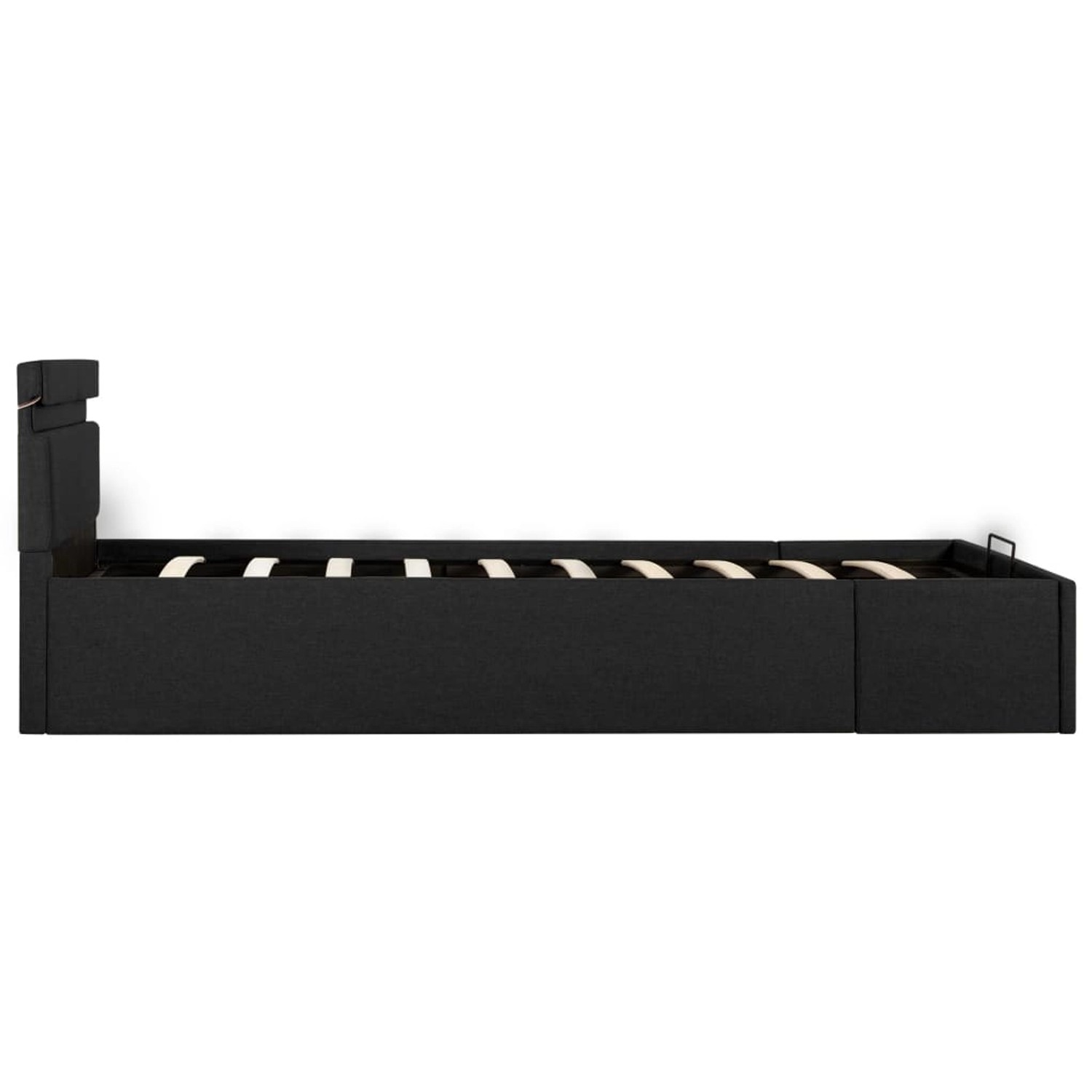 Dunkelgraues Stoffbett 90x200 cm mit Bettkasten und LED-Beleuchtung.