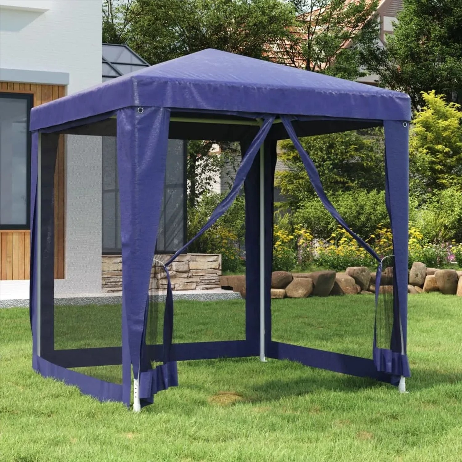 Blaues Partyzelt 2x2 m mit Mesh-Seitenwänden für Garten & Outdoor-Events.