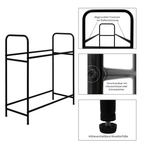 Schwarzes PROREGAL Reifenregal CARRERO für 8 Reifen auf 2 Ebenen, mit verstellbaren Füßen.