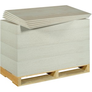 Stapel Rigips Rigidur H Compact Gipsfaserplatten (10mm) auf Palette.