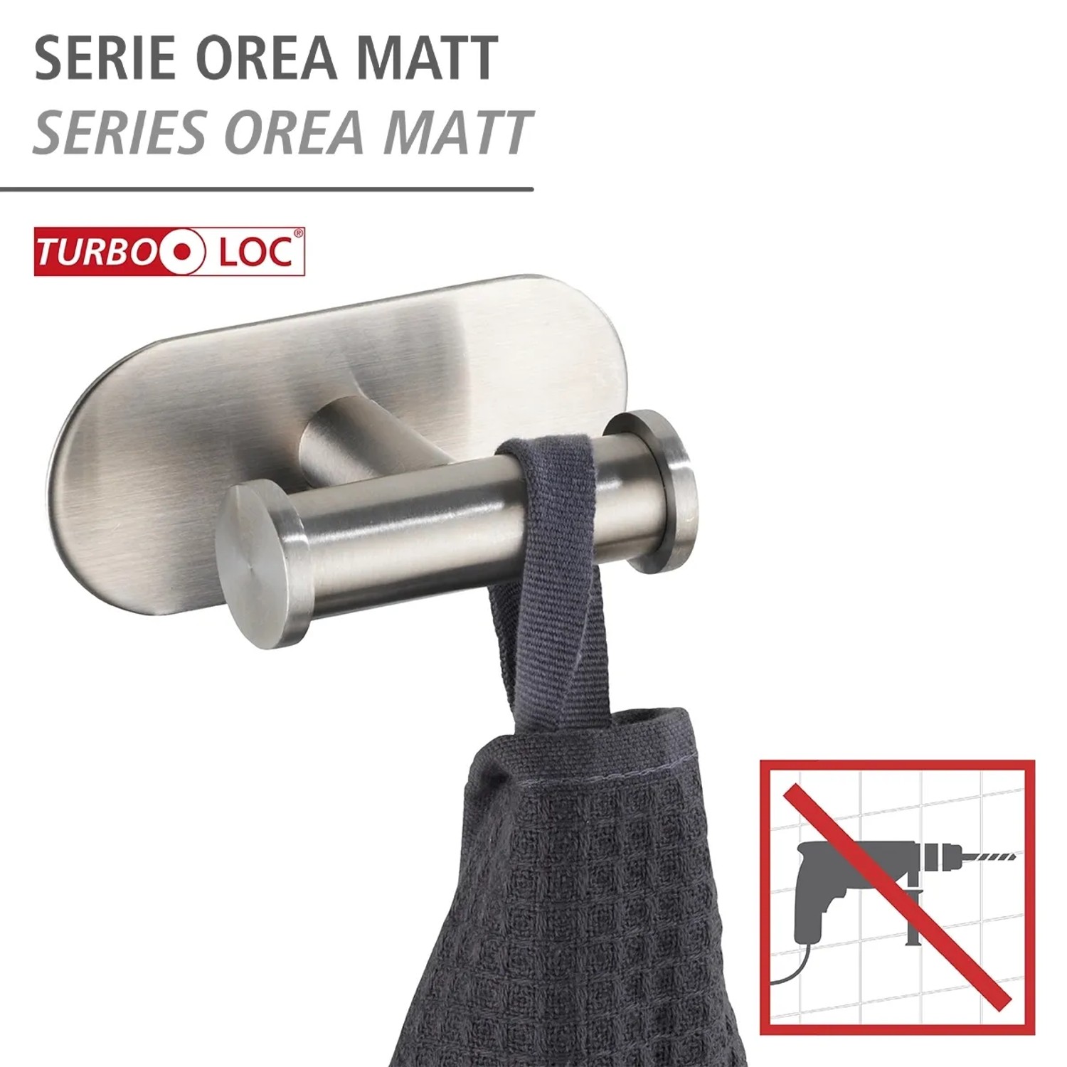 Wenko Wandhaken Turbo-Loc Edelstahl Duo Orea Matt mit Handtuch, Montage ohne Bohren.