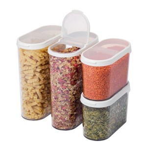 SmartStore Trockenvorratsbehälter Flip, 1,1 l, transparent, gefüllt mit Nudeln, Müsli, Linsen und Kürbiskernen.