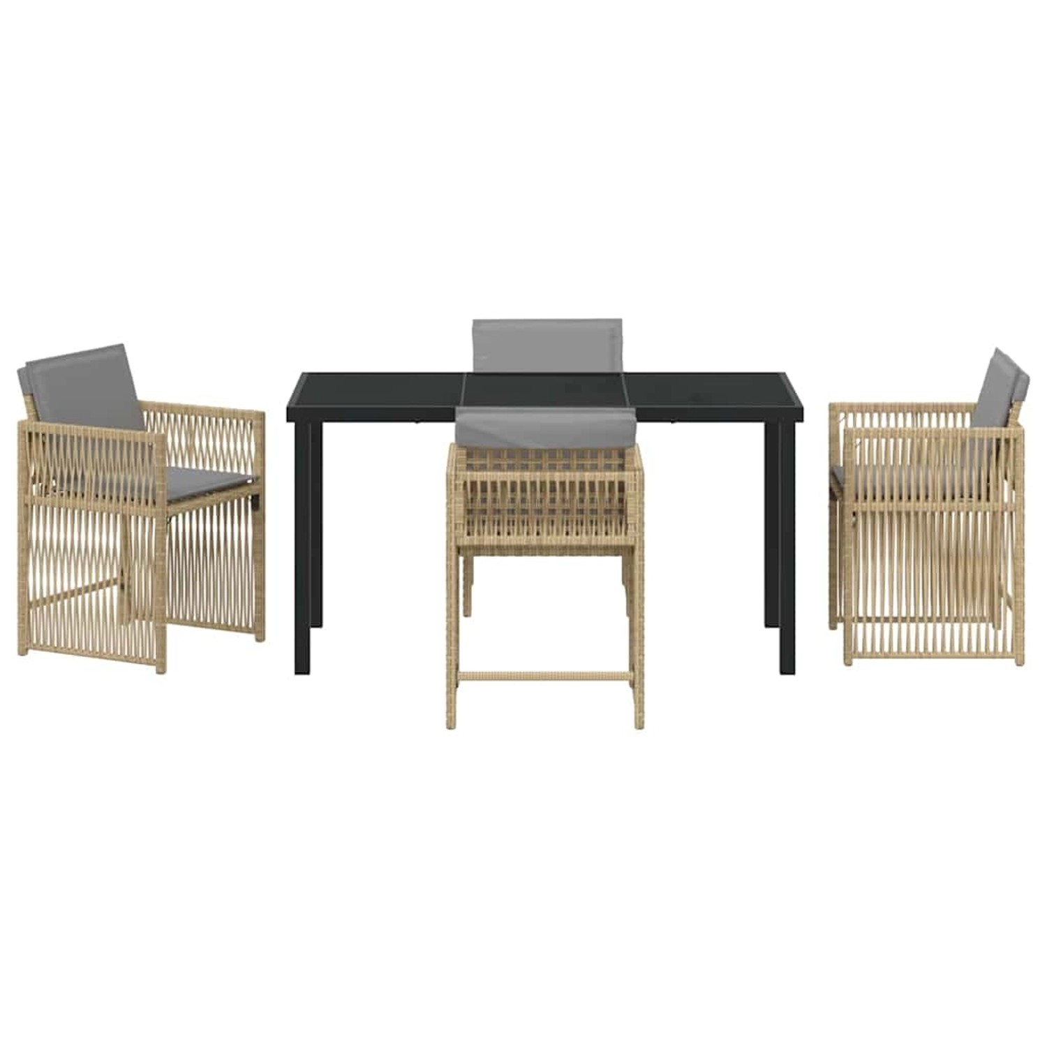 Beige 5-teilige Garten Essgruppe aus Poly Rattan von vidaXL mit Tisch und Stühlen.