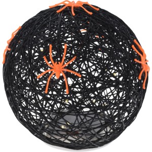 Schwarze Deko-Kugel mit LED-Lichtern und orangefarbenen Spinnen, 15x15x15 cm.