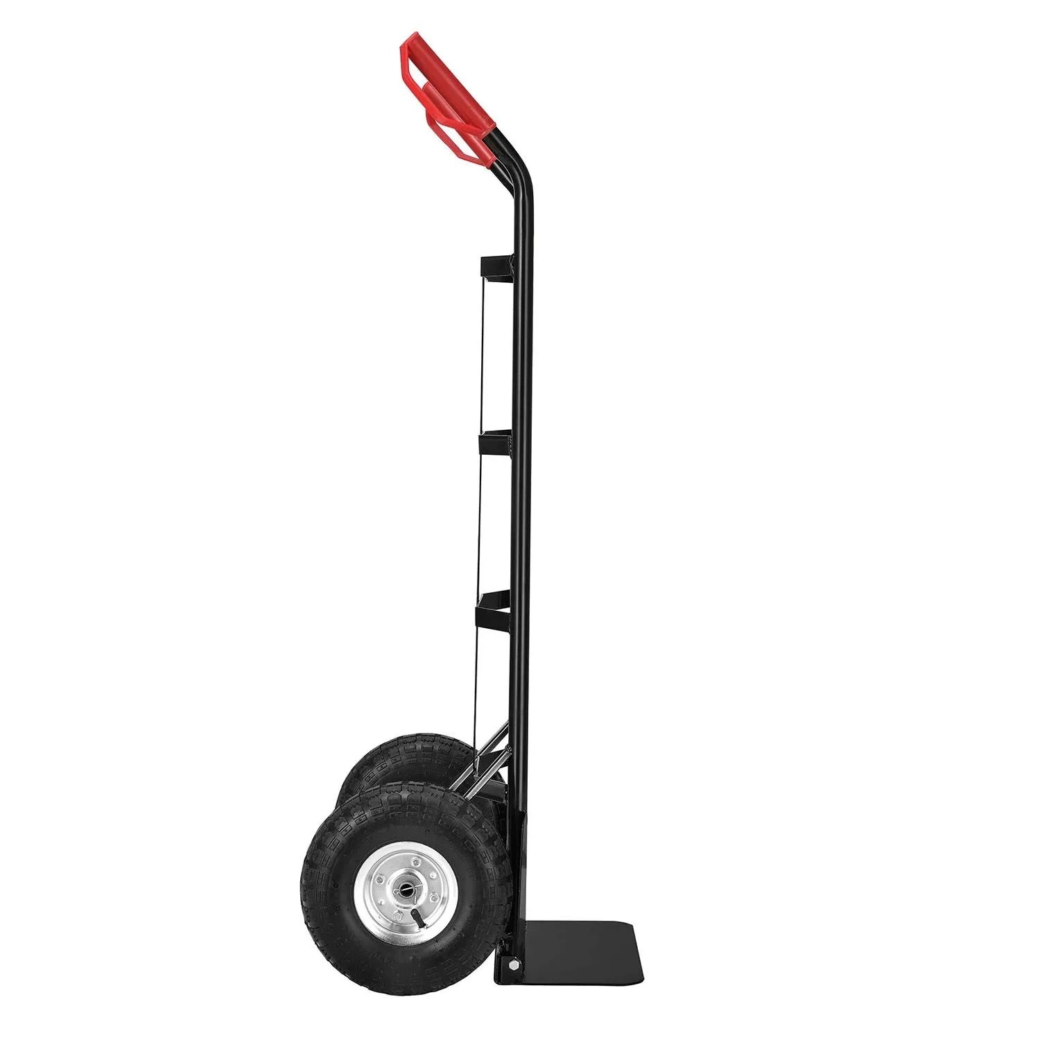 Juskys Sackkarre Basic, schwarz mit roten Griffen, klappbar, seitliche Ansicht.