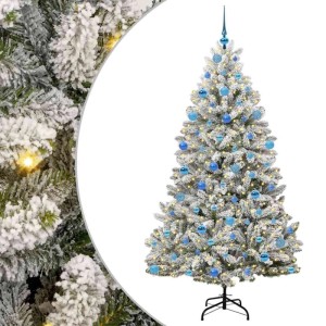 Geschmückter, künstlicher Weihnachtsbaum, 180 cm, grün-weiß mit blauen Kugeln und LED-Lichtern.
