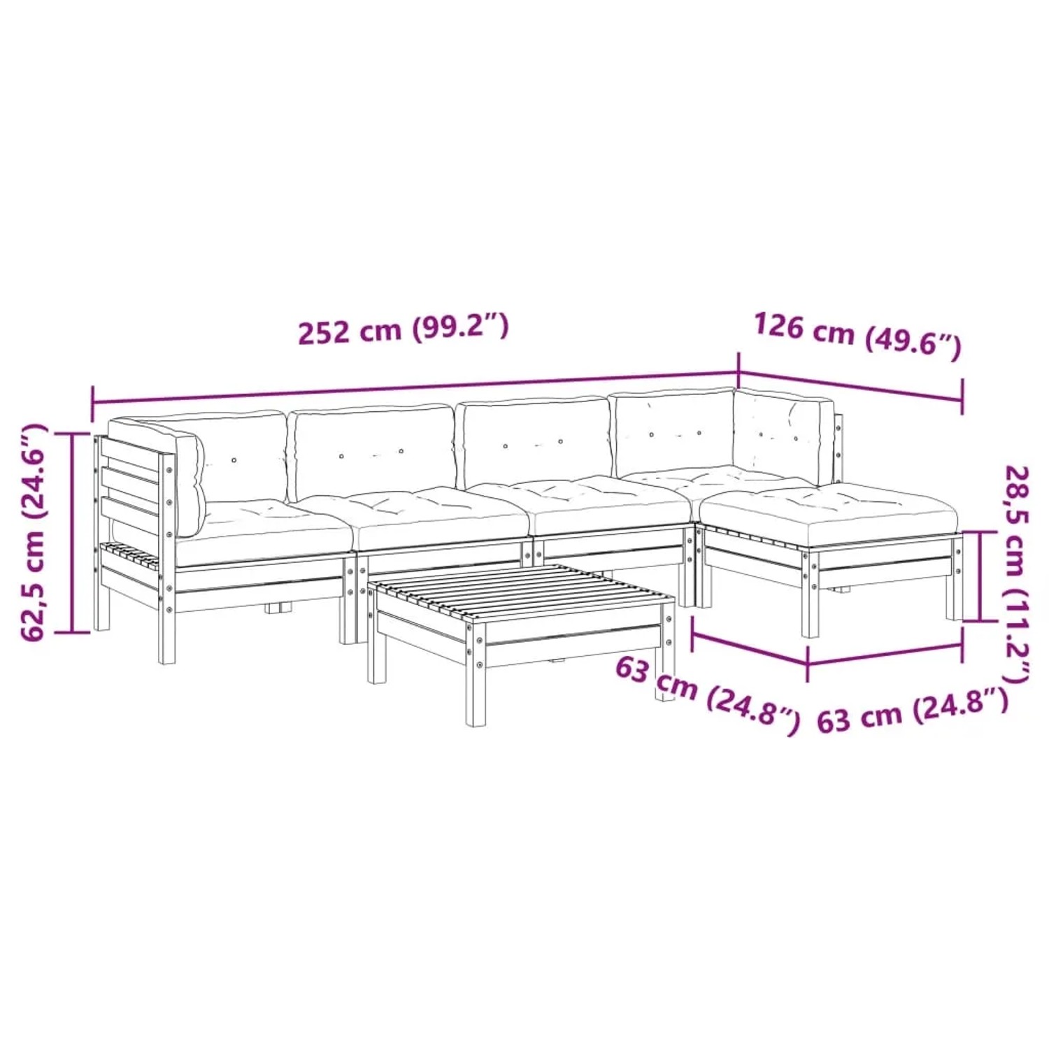 vidaXL 6-tlg. Garten-Sofagarnitur aus imprägniertem Kiefernholz mit Kissen, Maße