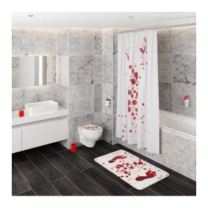 Sanilo Badewannenstöpsel Blood Hands im Badezimmer mit passender Duschvorhang und Badematte.