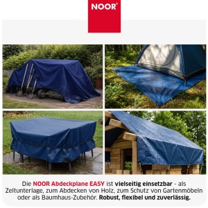 Blaue NOOR Abdeckplane Easy mit Ösen schützt Anhänger, Gartenmöbel, Zelt und Holz. Vielseitige Gewebeplane.