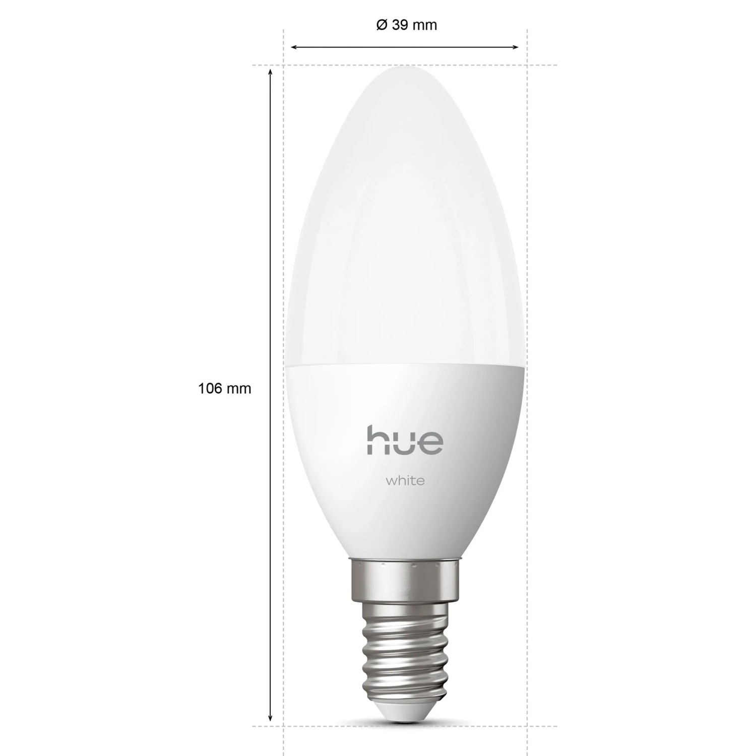 Philips Hue E14 Kerzenform Leuchtmittel, weiß, 106 mm hoch, 39 mm Durchmesser.
