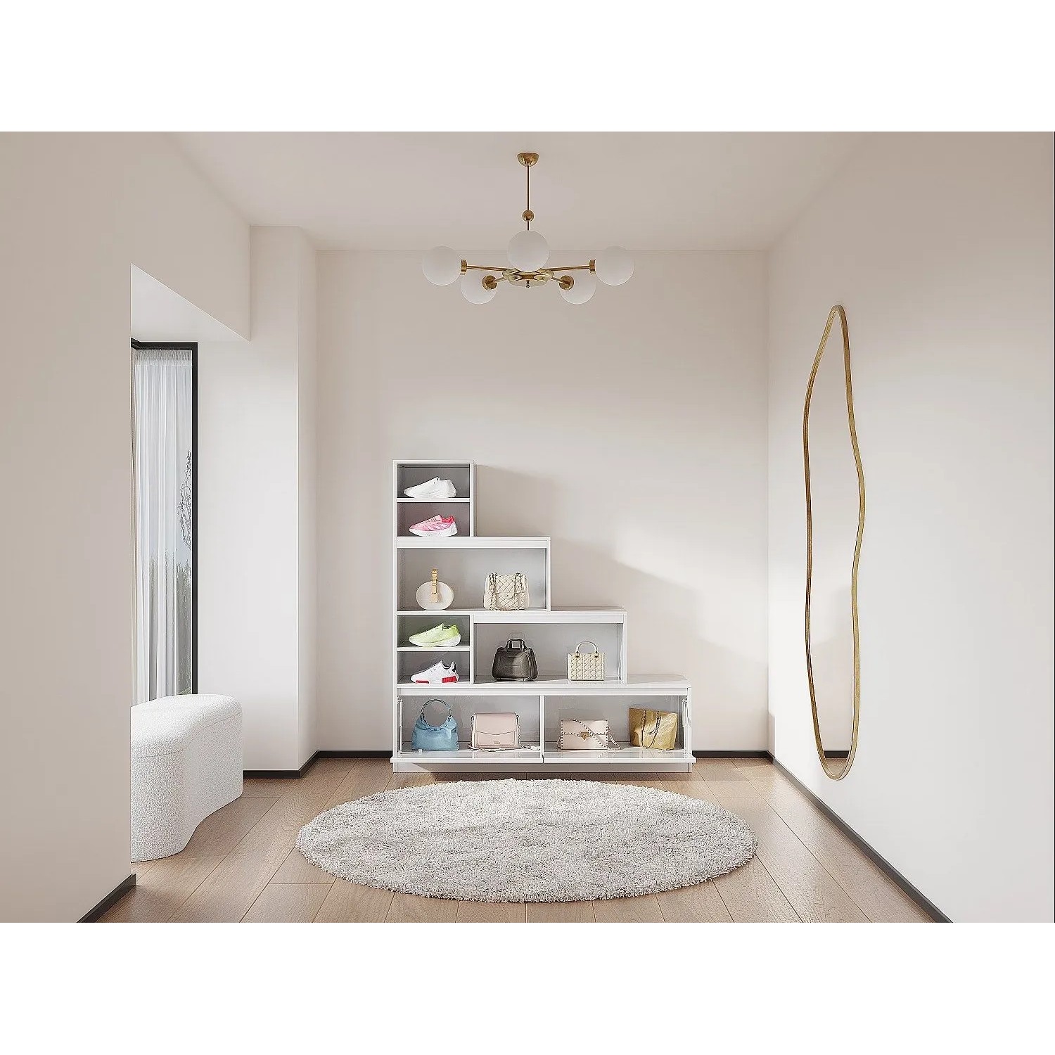 Weißer Vente-unique Schuhschrank Lovila mit modernem Stufendesign, offenen Fächern für Schuhe und Taschen.