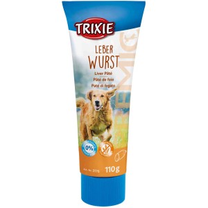 Trixie Premio Leberwurst, 110g Hunde-Belohnungssnack in Tube mit Hund.