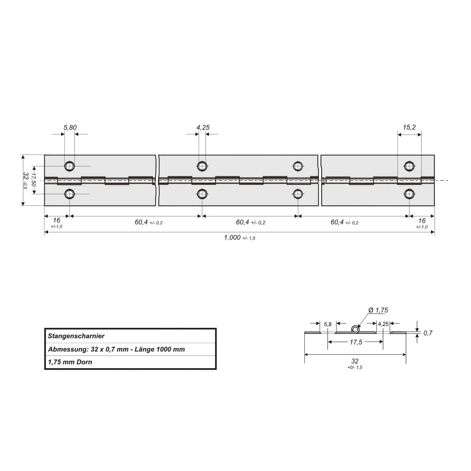 Technisches Zeichnung des SOTECH Stangenscharniers aus poliertem Edelstahl, 1000x32x0,7mm, mit Maßen.