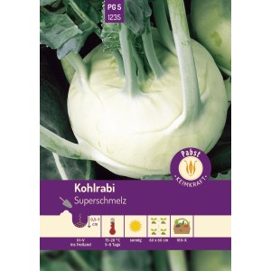 Pabst Keimkraft Kohlrabi Superschmelz Saatgut, hellgrüne, große Knolle mit Blättern.