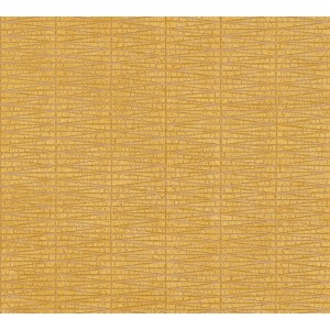 Gelbe Vliestapete mit organischem Muster, glänzender Struktur und Metallic-Effekt.