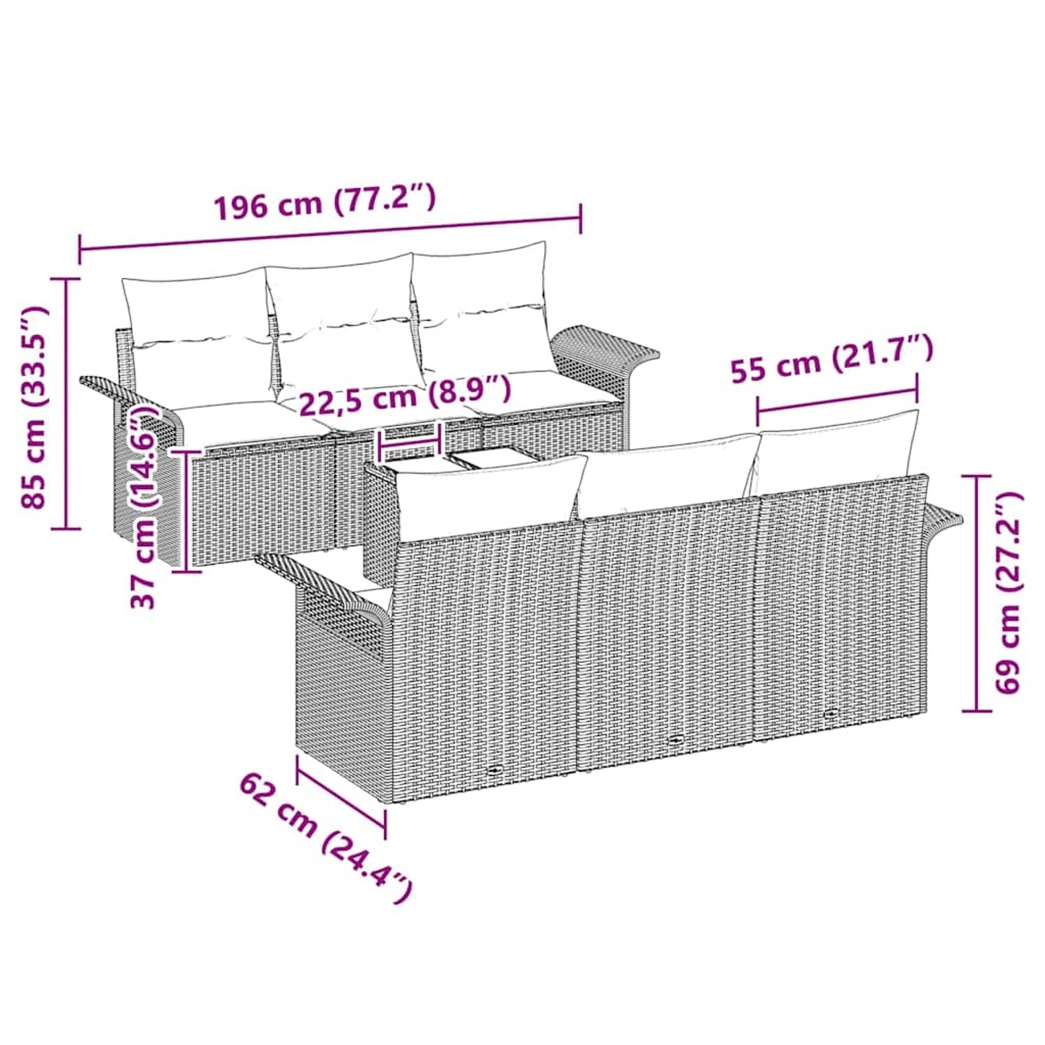 vidaXL Garten-Sofa-Set, 7-teilig, beige Poly Rattan, mit Maßangaben.